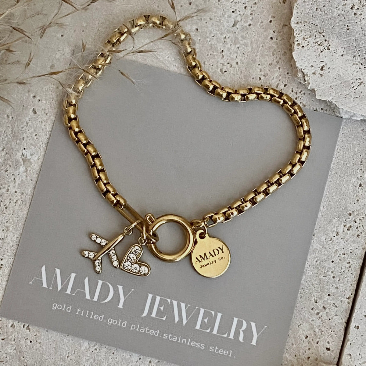 Traveler travel Bracelet airplane plane heart gold plated