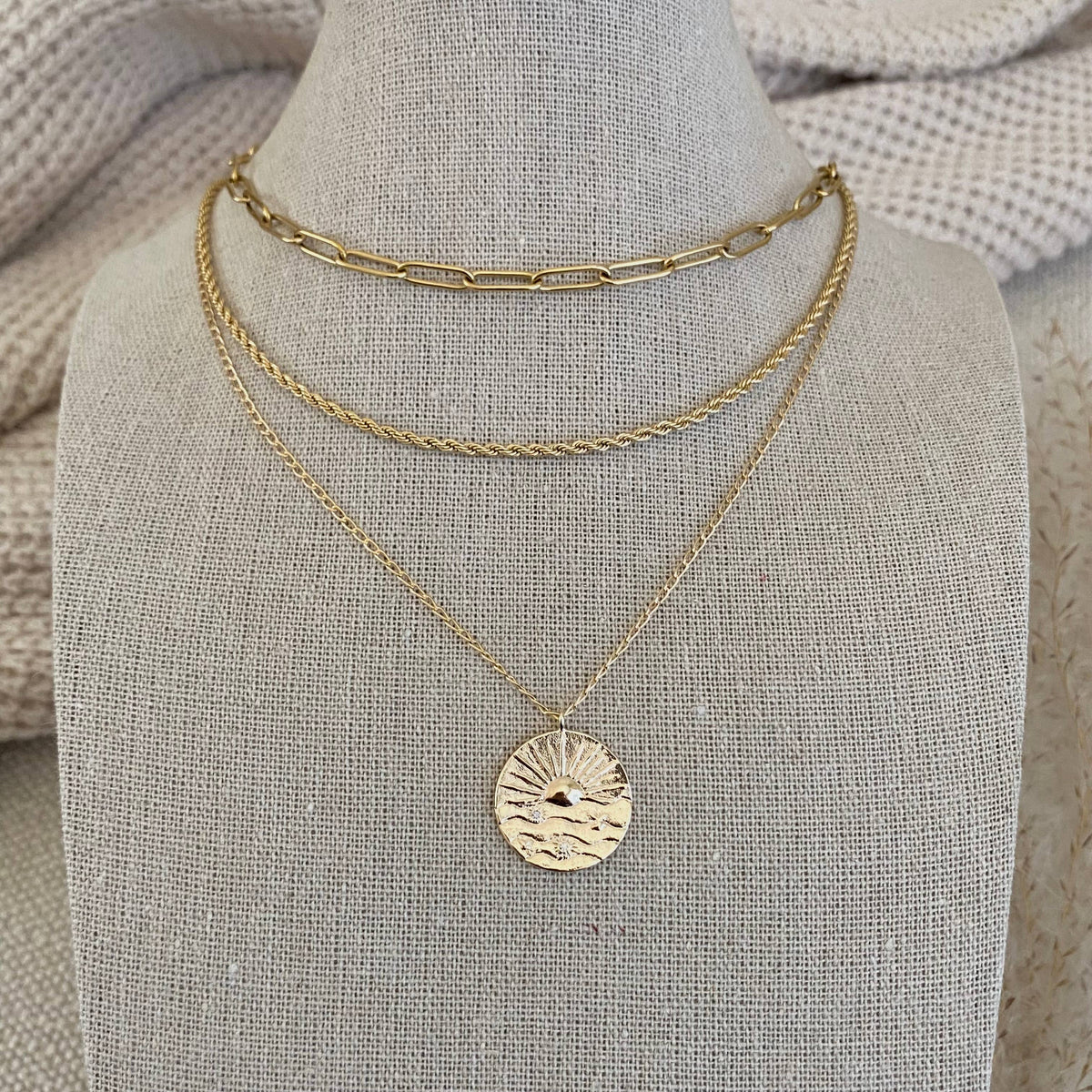 Sunrise sun Coin Medallion chain necklace gold filled plated