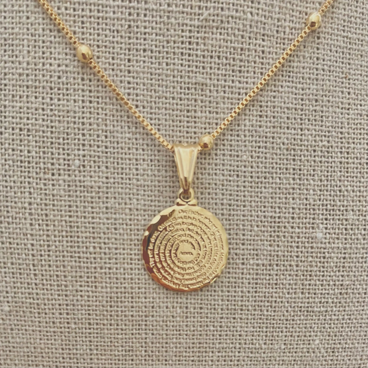 Our Father prayer coin charm necklace 18k GF satellite chain