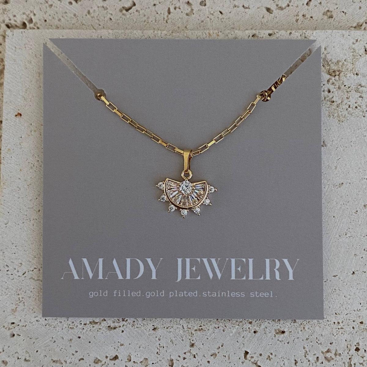 Crystals Fan Charm Pendant 18k Gold Filled Chain necklace