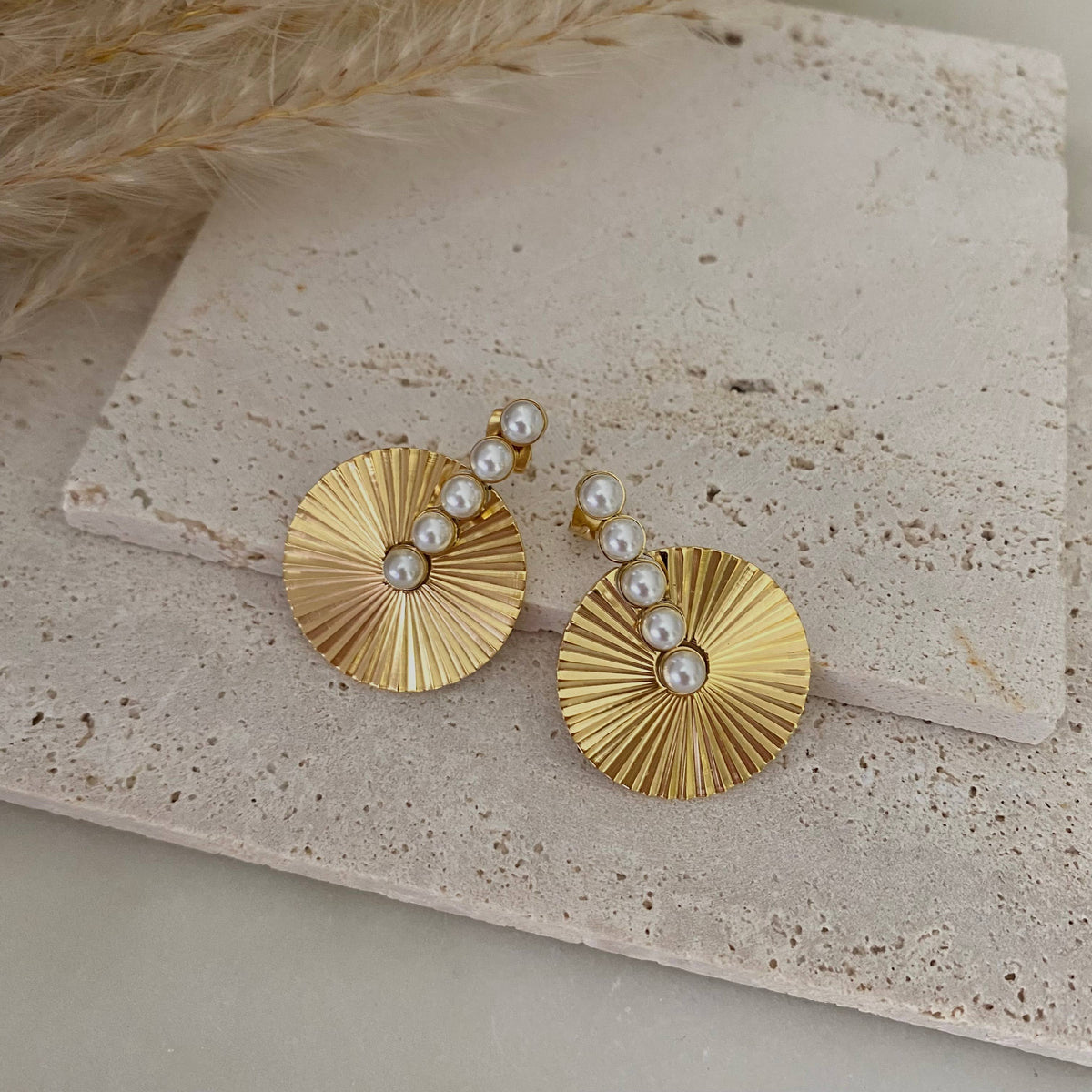 Pearls Bar Medallion Bold Earrings Gold Plated Stainless