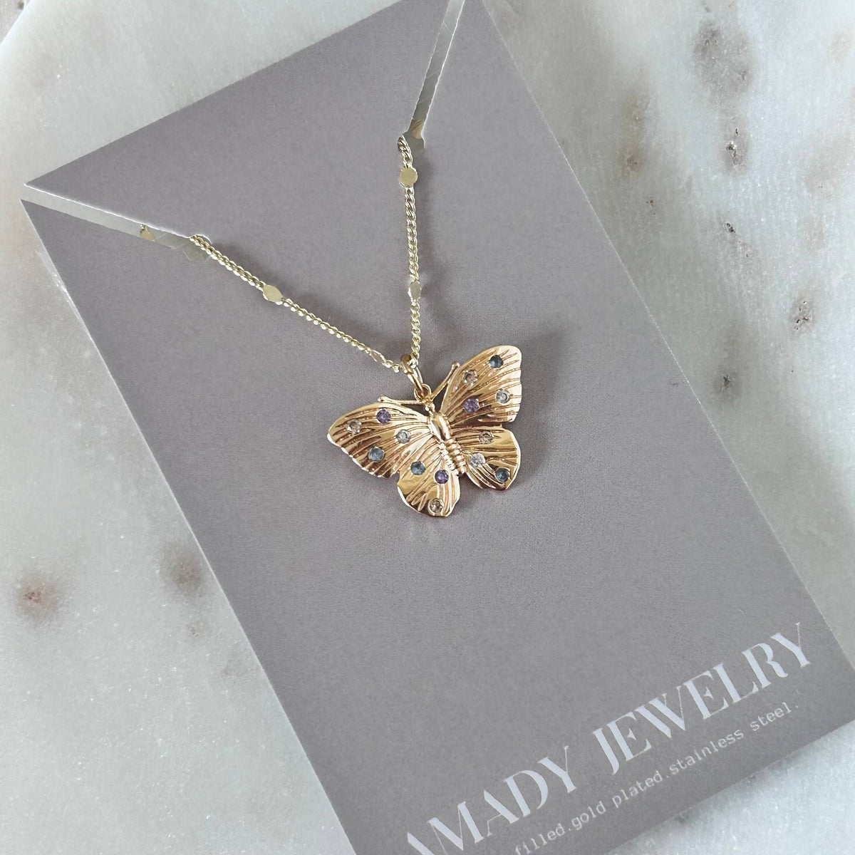 Butterfly necklace colorful crystals on it water resistant