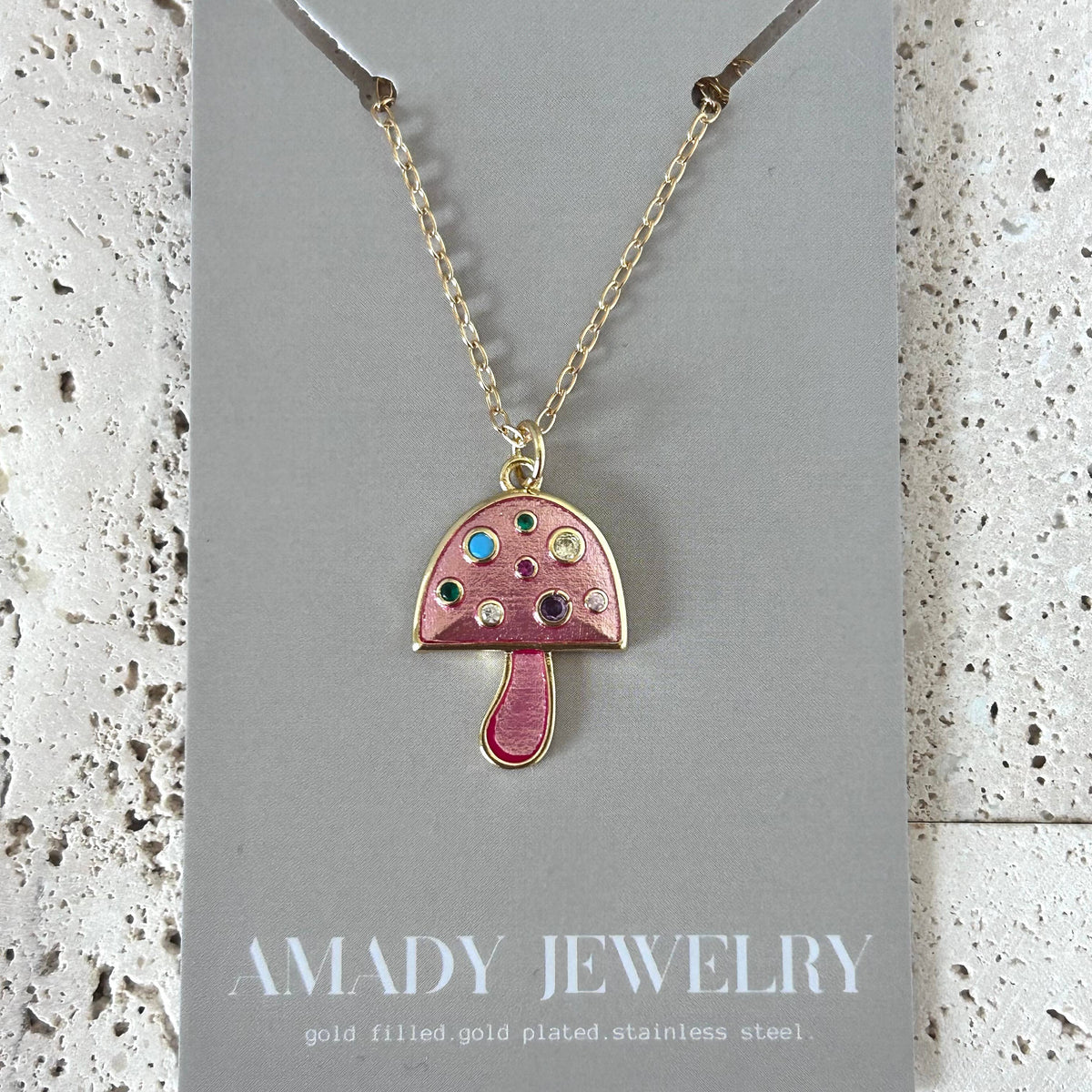 Small mushroom pendant necklace colorful spring summer chain