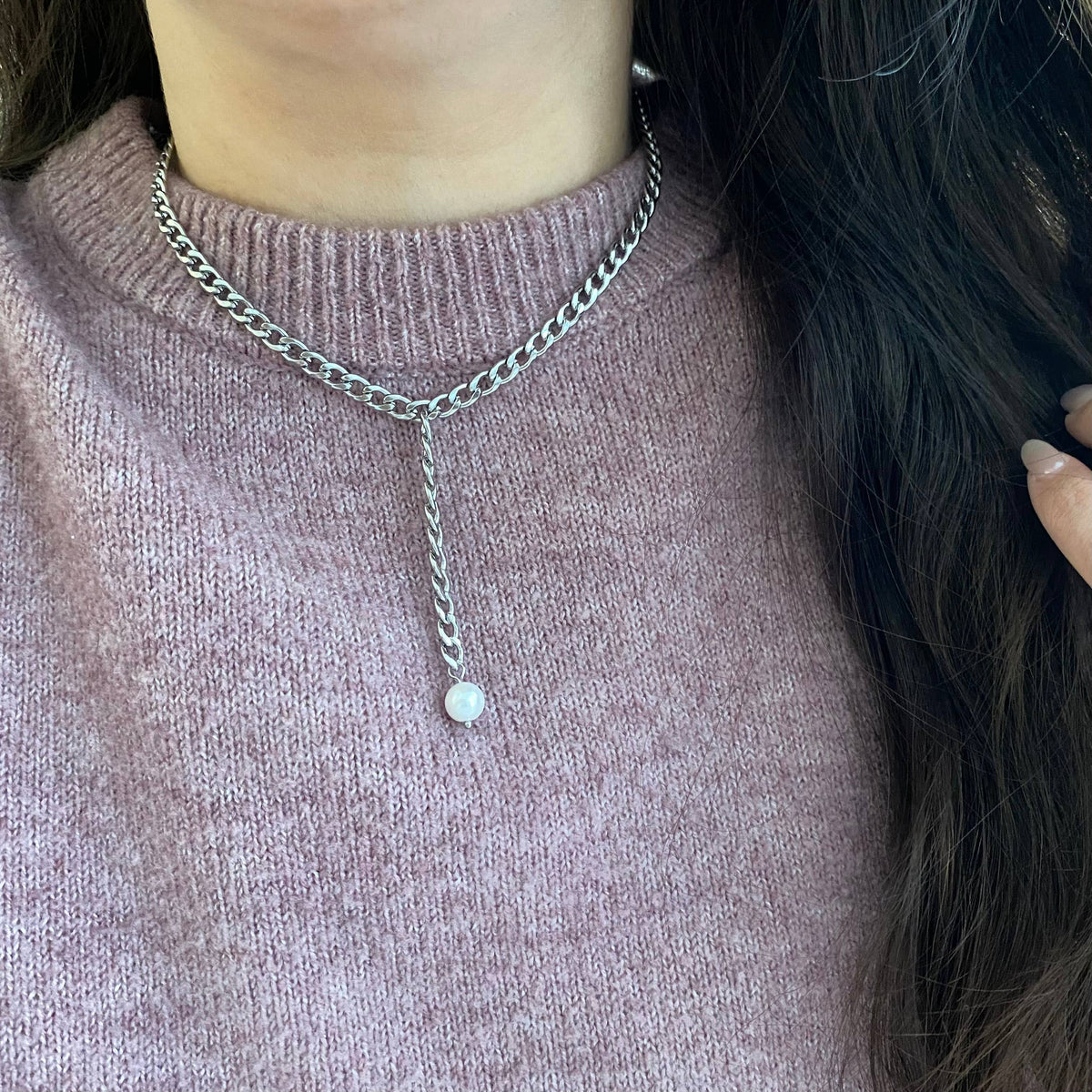 Silver curb link chain and pearl Lariat necklace Y necklace