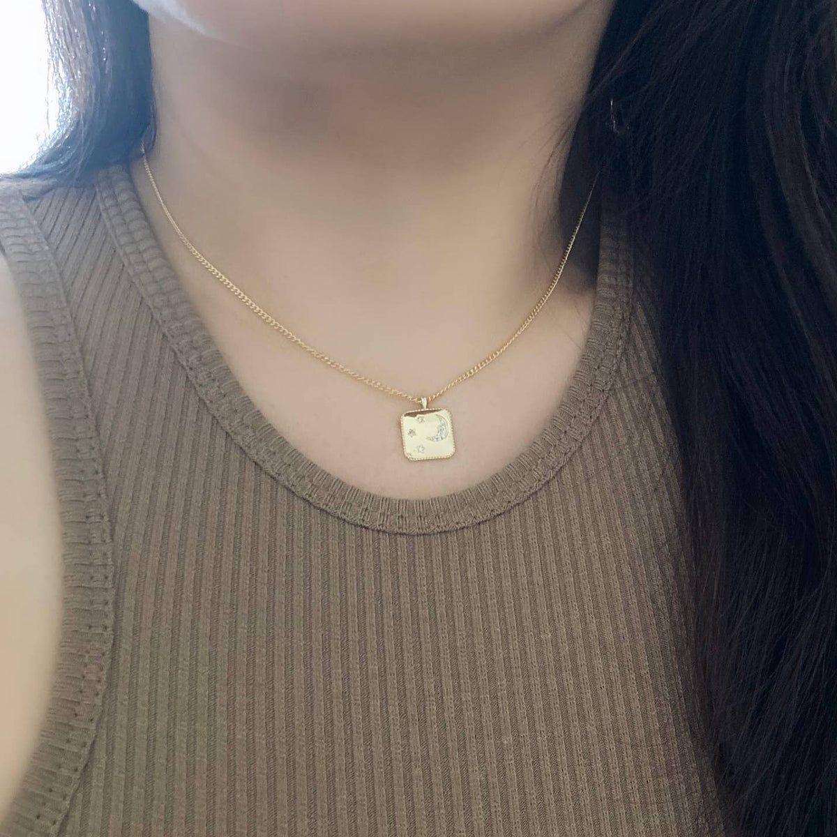 Square Medallion Coin Crescent Moon 18K gold filled necklace