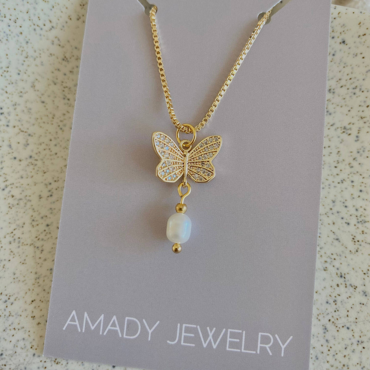 Rhinestones Butterfly Pearl charm pendant necklace 18k GF