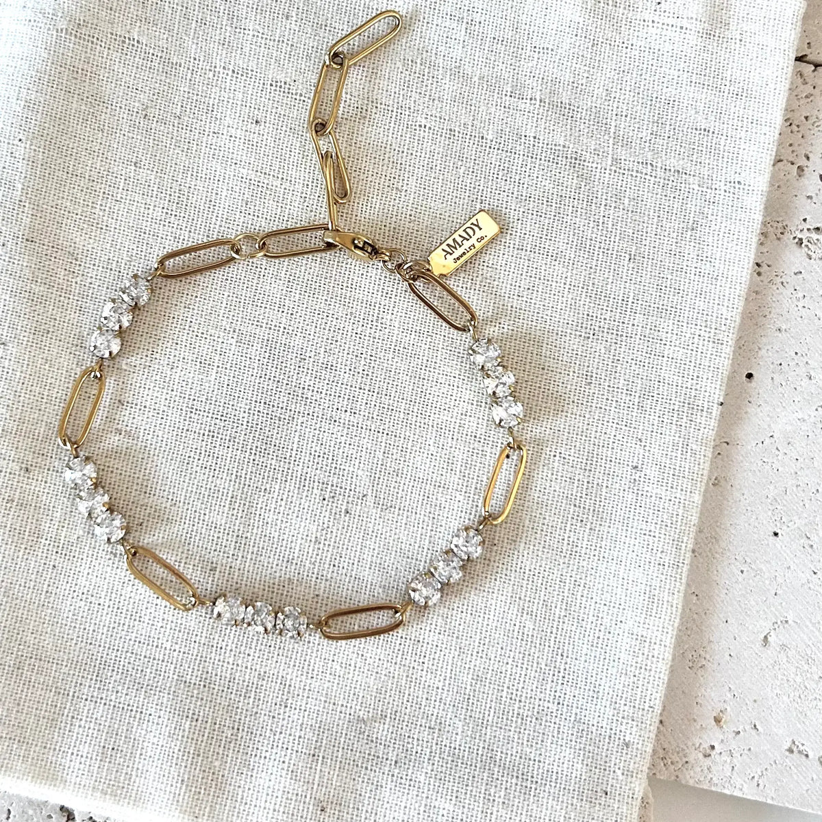18k Gold Plated Paperclip tennis Chain Bracelet Rhinestones