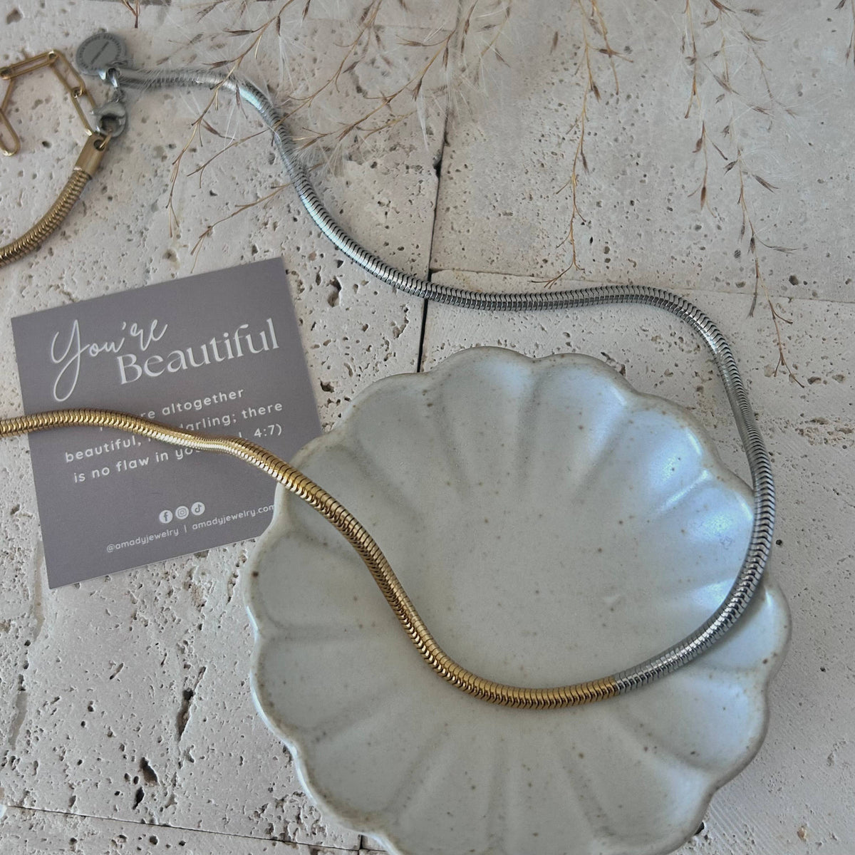 Gold Silver snake chain necklace two double tone ombre
