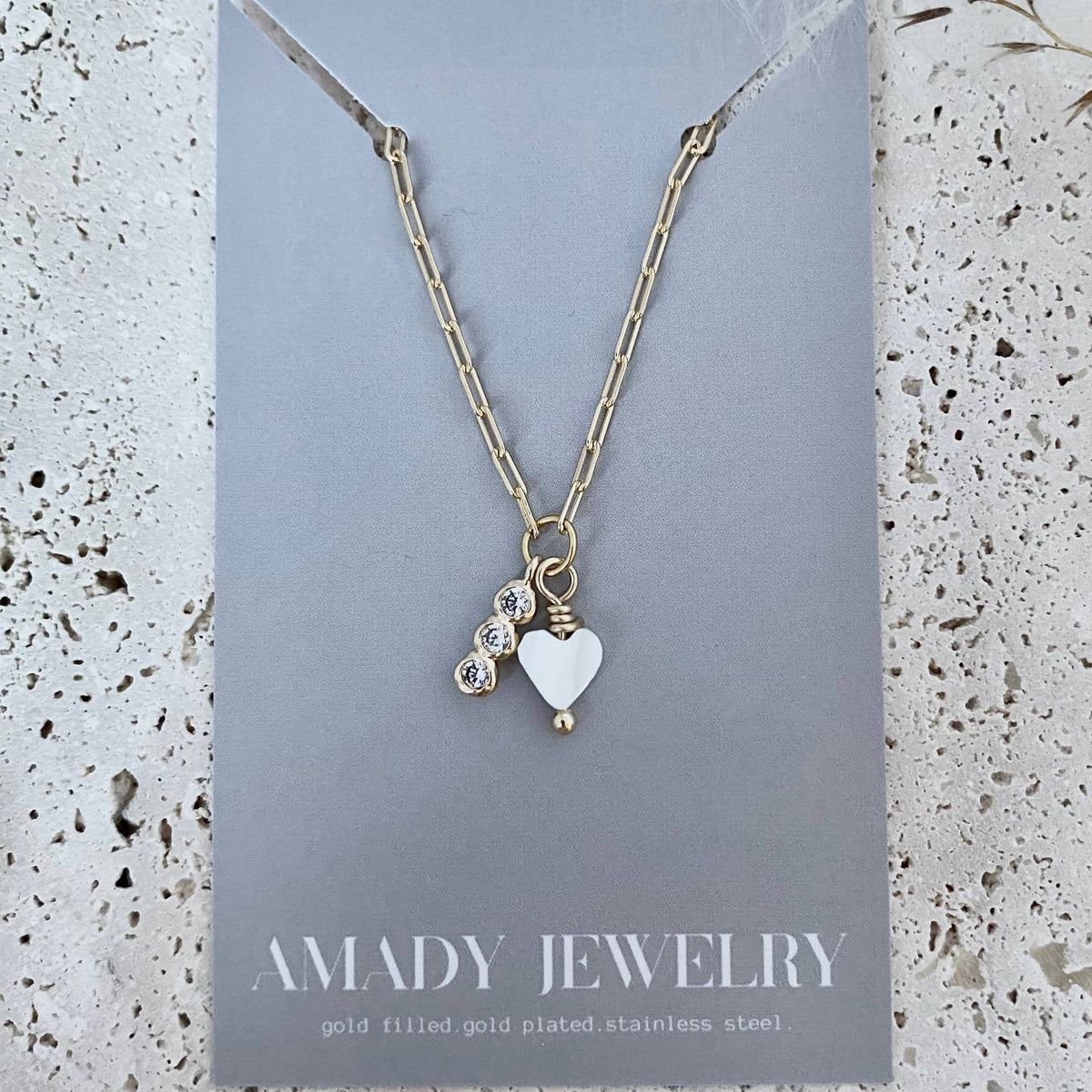 Shell Pearl Heart crystals bar charm necklace gold plated