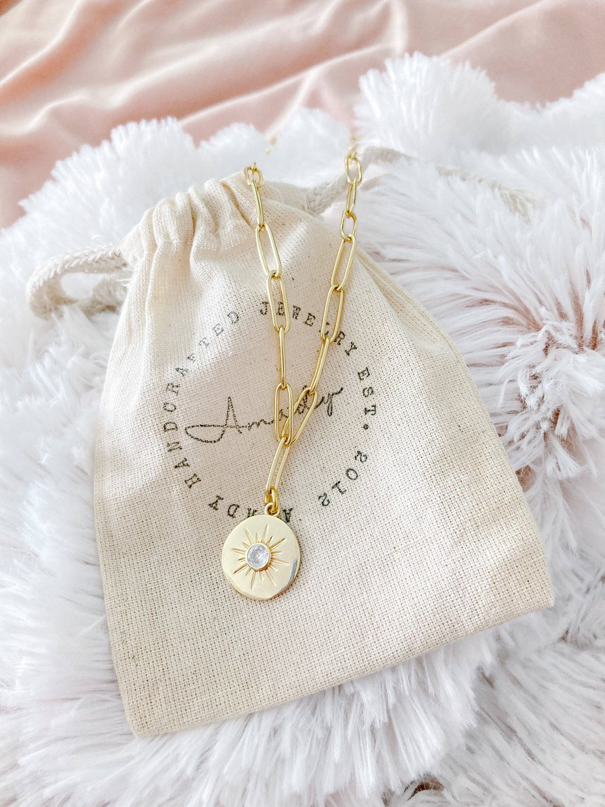 Gold sun coin necklace paperclip gold plated chain medallion