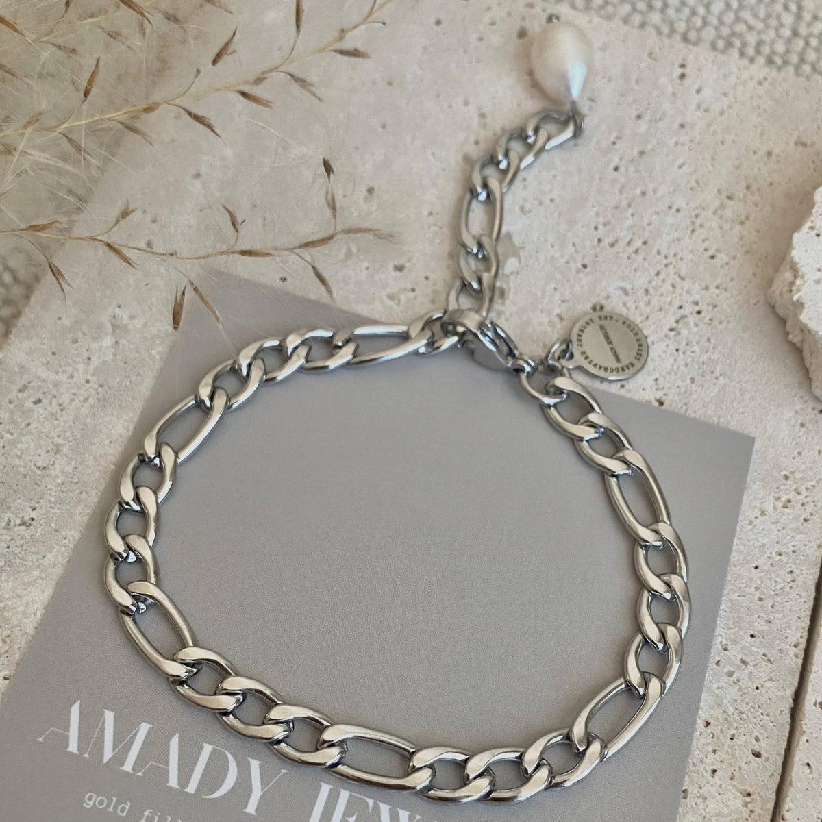 Silver Figaro Pearl link chain bracelet stainless steel