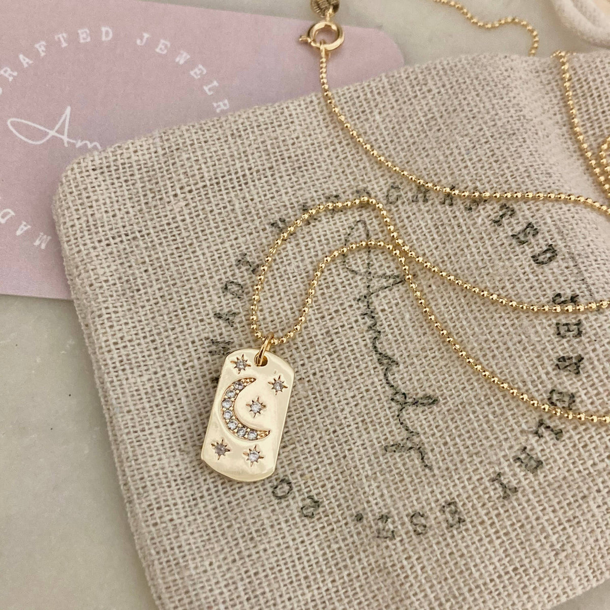 Half Moon Crescent Star Medallion 18K gold dog tag necklace